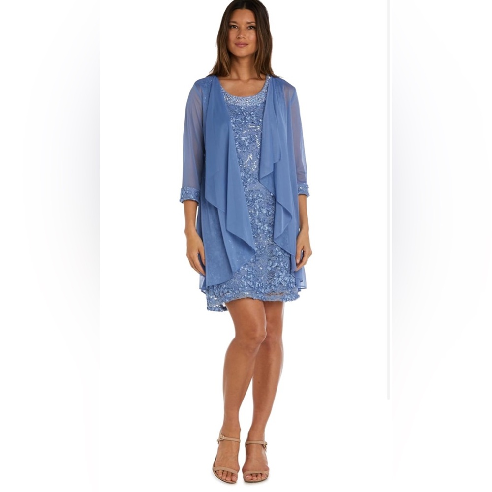 R&M Richards Light Blue Lace Dress with Sheer Overlay